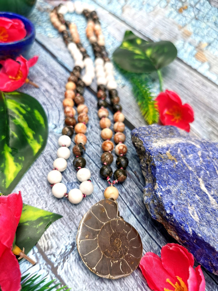 Multiple gemstone beads necklace with ammonite pendant - Shwasam