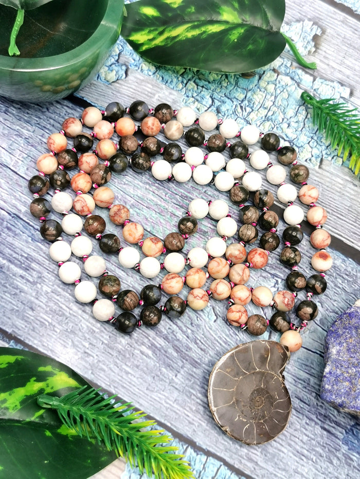 Multiple gemstone beads necklace with ammonite pendant - Shwasam