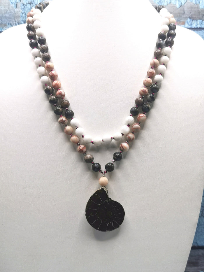 Multiple gemstone beads necklace with ammonite pendant - Shwasam