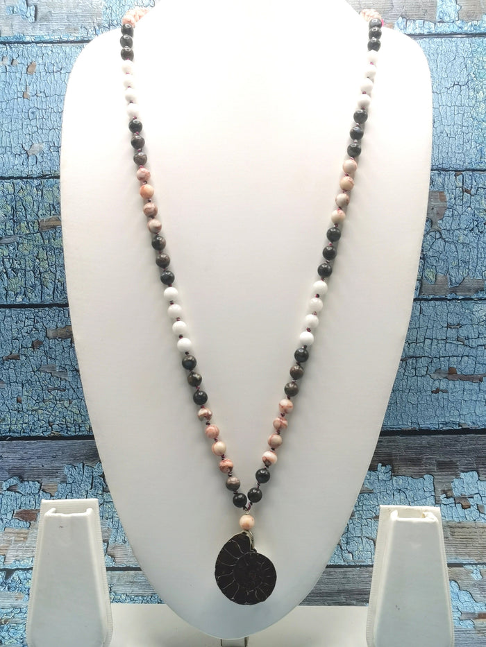 Multiple gemstone beads necklace with ammonite pendant - Shwasam