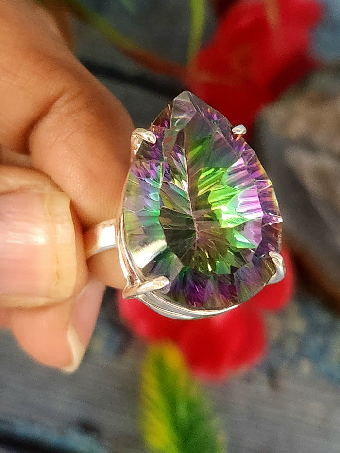 Mystic Quartz Faceted Tear Drop Ring (size 8) : Mesmerizing Beauty in 925 Silver - Shwasam