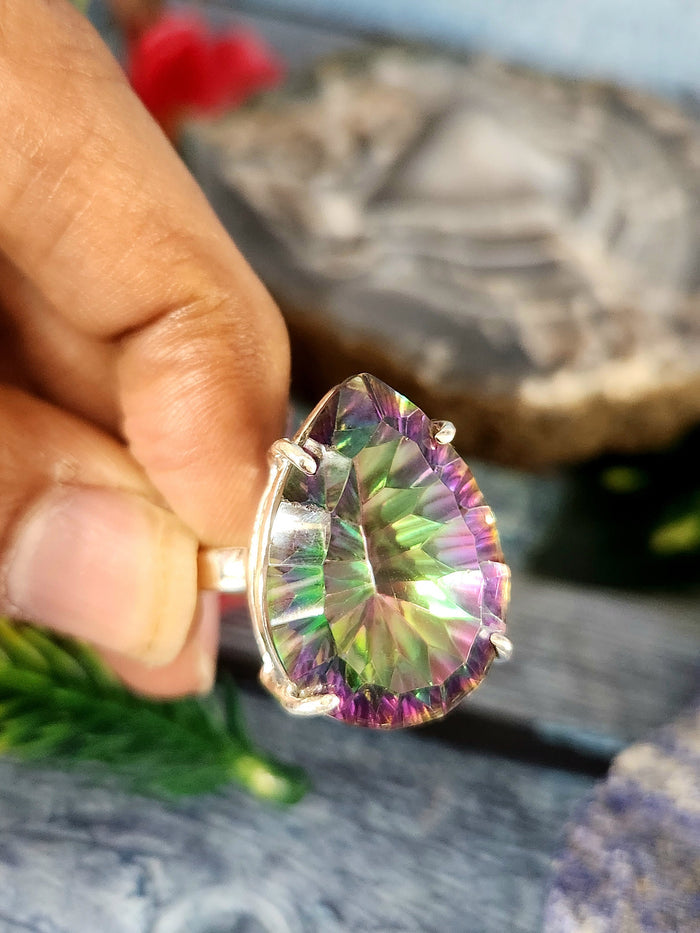 Mystic Quartz Faceted Tear Drop Ring (size 8) : Mesmerizing Beauty in 925 Silver - Shwasam