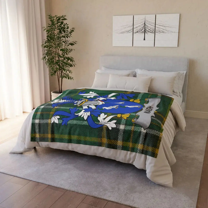 Custom Family Crest Blanket with Green Plaid Design