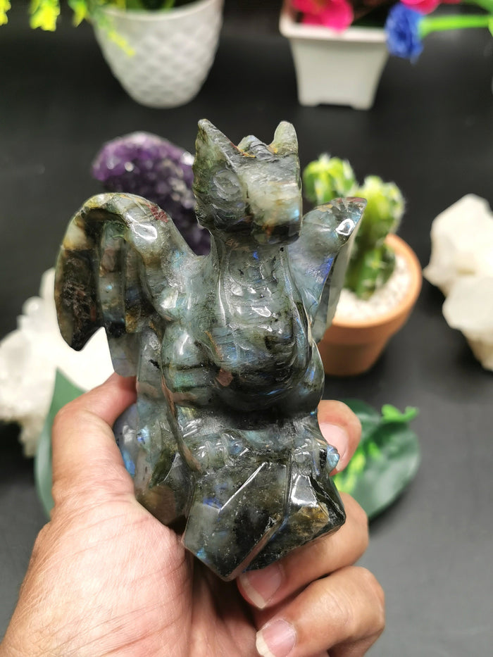 Natural Labradorite stone carving of Flying Dragon with blue flash - Hand carved - Shwasam