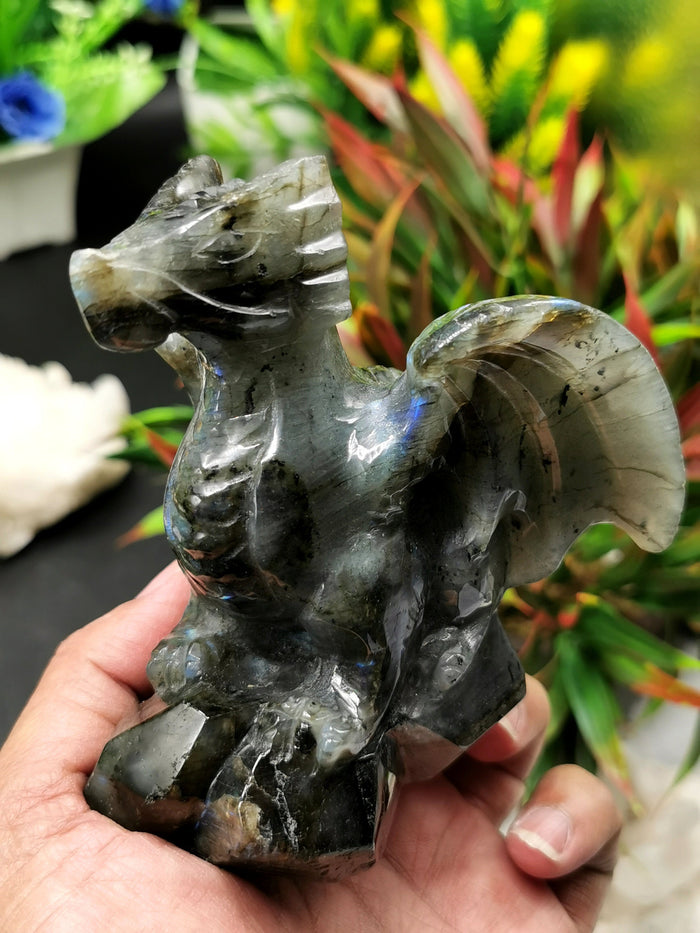 Natural Labradorite stone carving of Flying Dragon with blue flash - Hand carved - Shwasam