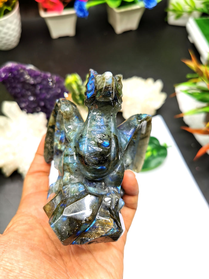 Natural Labradorite stone carving of Flying Dragon with blue flash - Hand carved - Shwasam