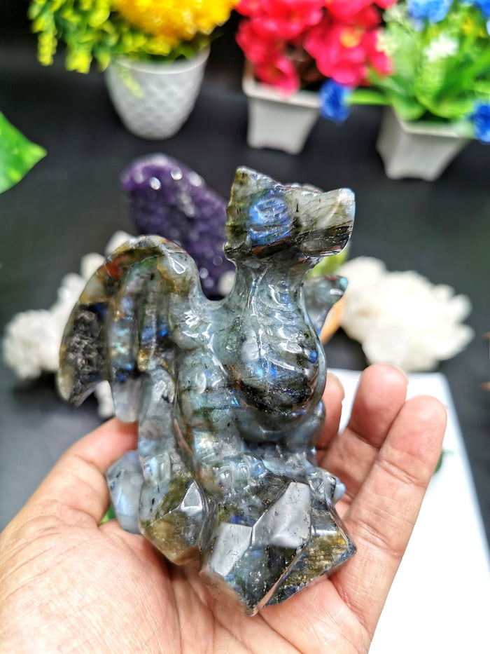 Natural Labradorite stone carving of Flying Dragon with blue flash - Hand carved - Shwasam