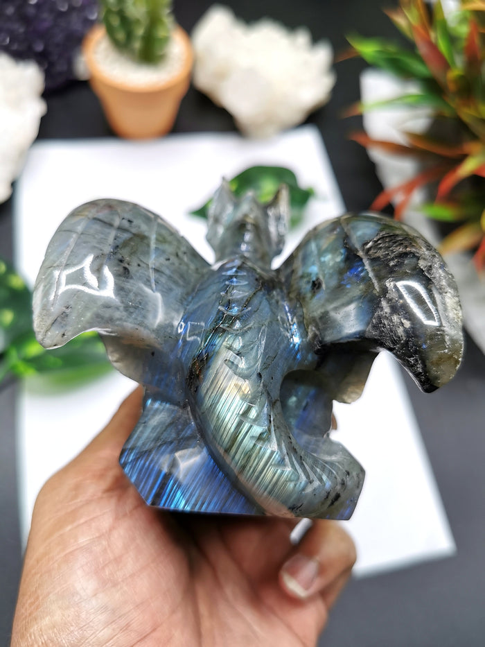 Natural Labradorite stone carving of Flying Dragon with blue flash - Hand carved - Shwasam