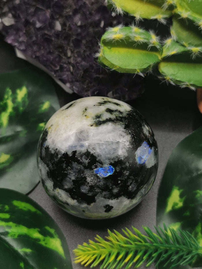 Natural moonstone sphere/ball - handmade carvings - energy/chakra/reiki - 2 inch (5 cms) dia and 210 gms (0.46 lb) - ONE PIECE ONLY