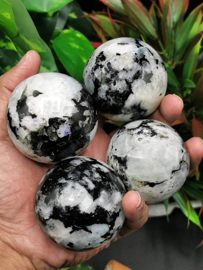 Natural moonstone sphere/ball - handmade carvings - energy/chakra/reiki - 2 inch (5 cms) dia and 210 gms (0.46 lb) - ONE PIECE ONLY