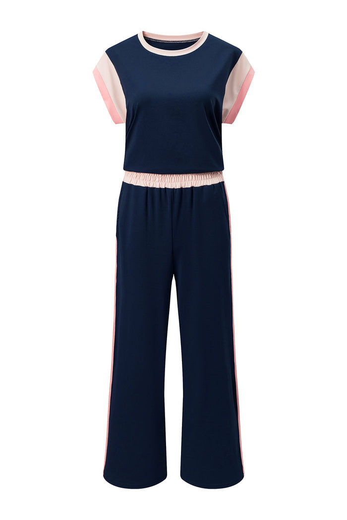Navy Blue Color Block Detail Casual Two-piece Set