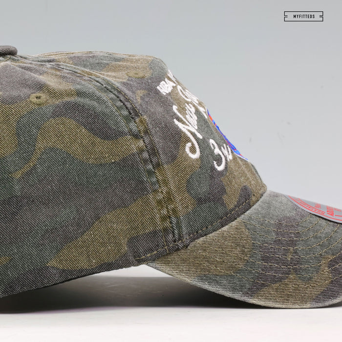 NEW YORK KNICKS 3X NBA FINALS CHAMPIONS SCRIPT LOW PRO CAMO MITCHELL & NESS STRAPBACK HAT