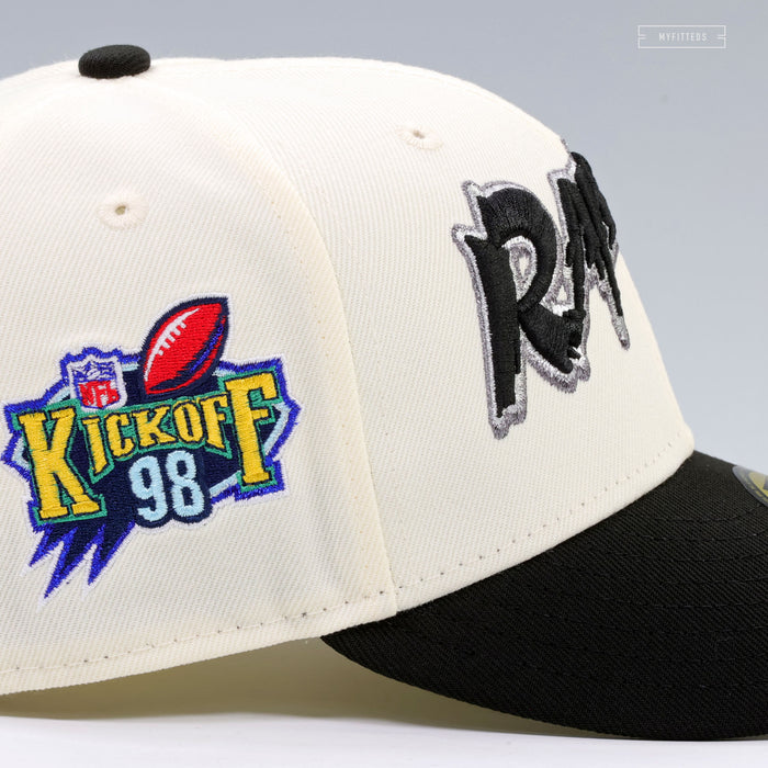 OAKLAND RAIDERS 1998 NFL KICKOFF OFF WHITE NEW ERA FITTED CAP