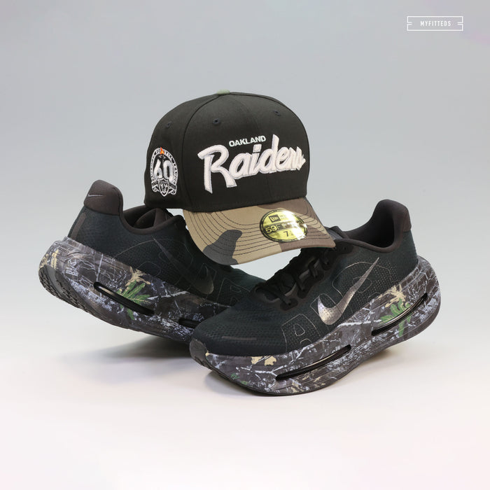 OAKLAND RAIDERS 60TH ANNIVERSARY RETRO SCRIPT GITD WOODLAND CAMO NEW ERA FITTED CAP