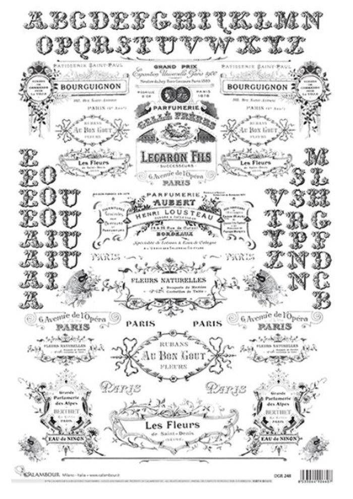 Parisian Labels Black and White Decoupage Rice Paper by Calambour Italy, DGR248