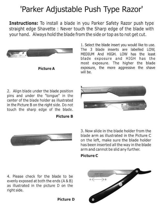 Instruction sheet for Parker adjustable push type razor with blade installation guide