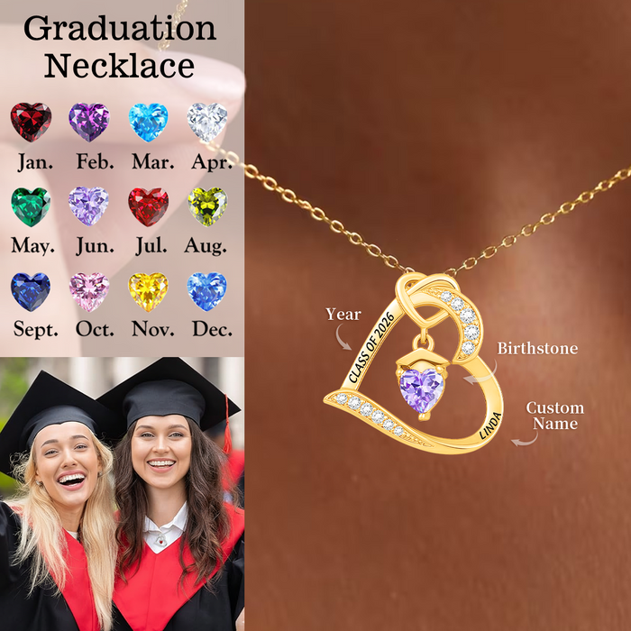 Personalized Graduation Cap Birthstone Heart Necklace