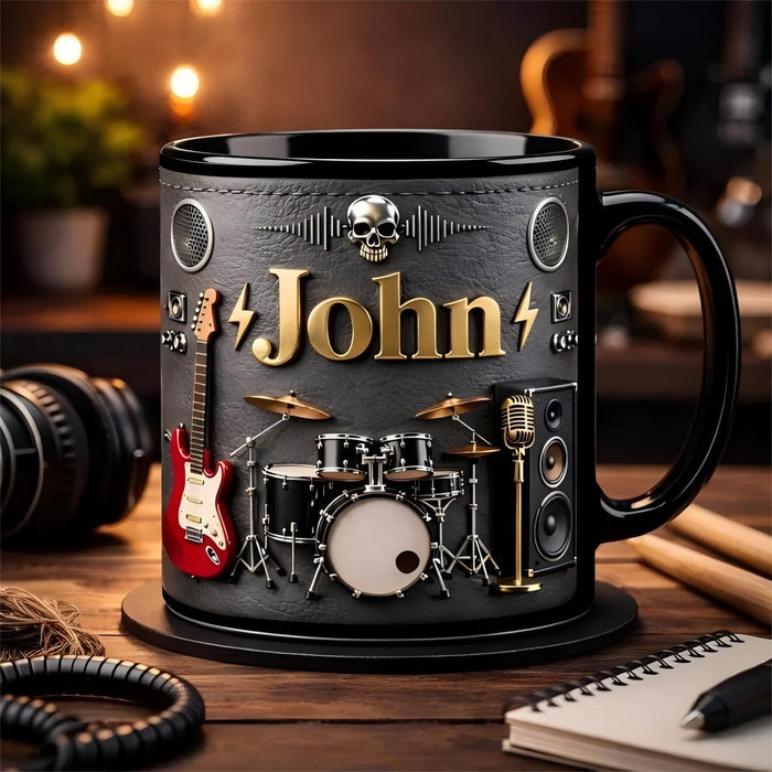 Personalized Rock Music Mug with Name, Guitar Drum Coffee Cup
