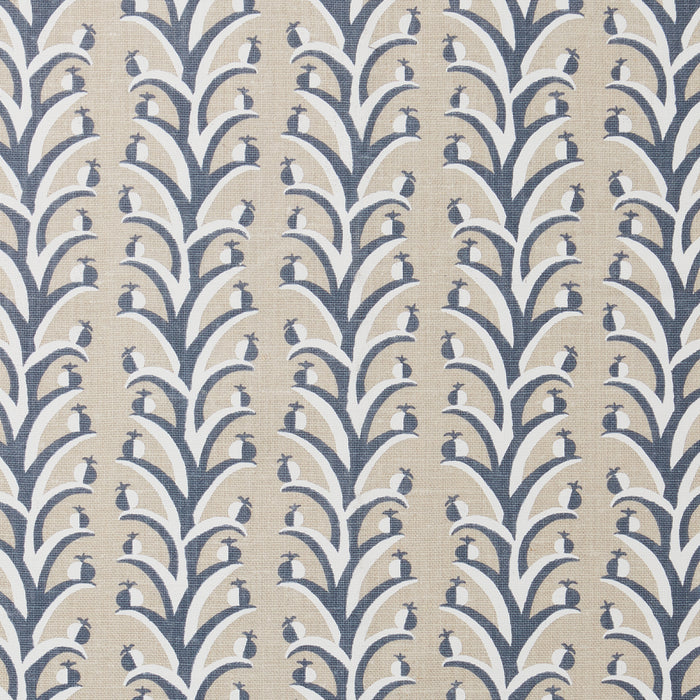 Fabric swatch with a horizontal striped pattern of curved branches topped with tiny fruits, in shades of tan, slate and white.