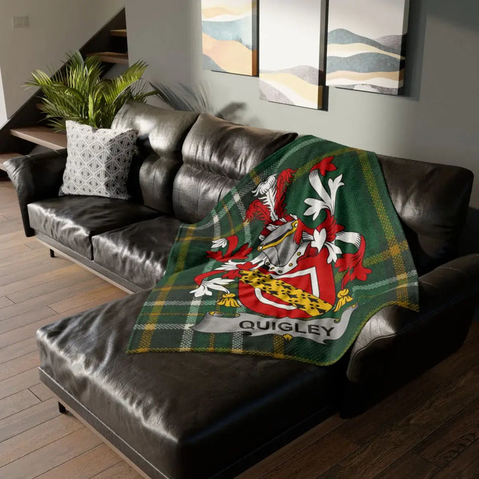 Quigley Family Crest Green Tartan Blanket