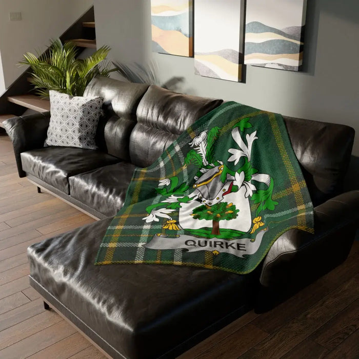 Custom Quirke Family Crest Green Tartan Blanket
