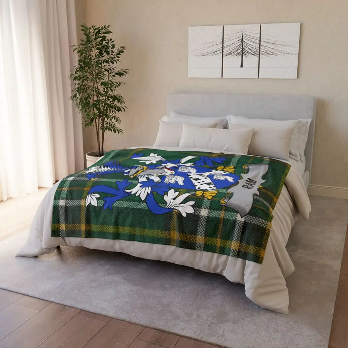 Ram Irish surname printed polyester throw blanket with crest-style emblem