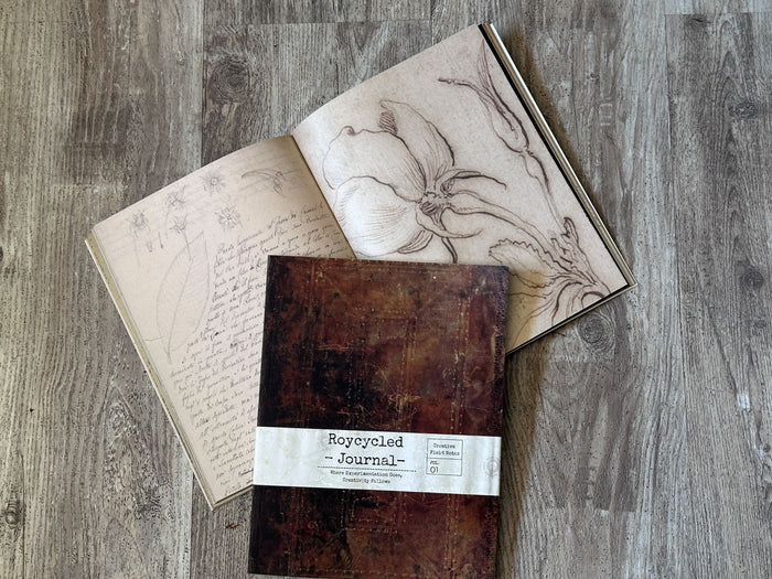 Another view of Roycycled Treausres Journal opened and cover of journal