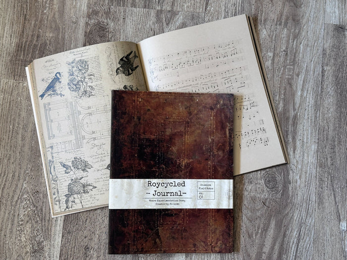 Dark Brown cover of Roycycled Treasures Journal plus view of pages of open journal