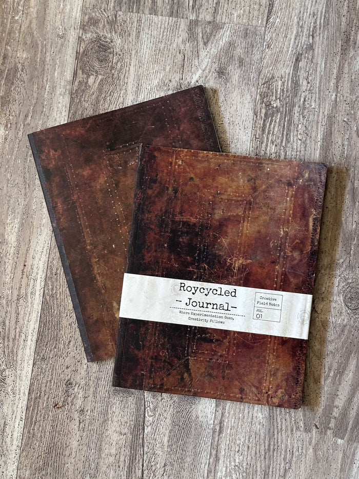 Two dark brown vintage distressed style Journal covers by Roycycled Treasures on wood background