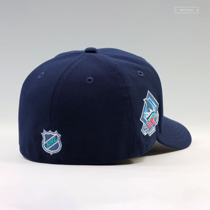 SAN JOSE SHARKS 20 YEARS JEFF MCMILLAN TROUBLED OPEN WATER NEW ERA FITTED CAP