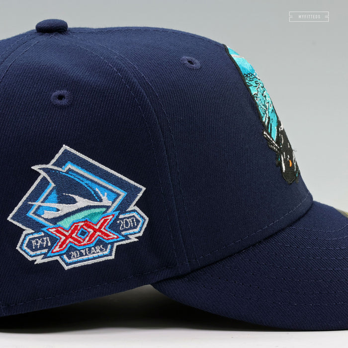 SAN JOSE SHARKS 20 YEARS JEFF MCMILLAN TROUBLED OPEN WATER NEW ERA FITTED CAP