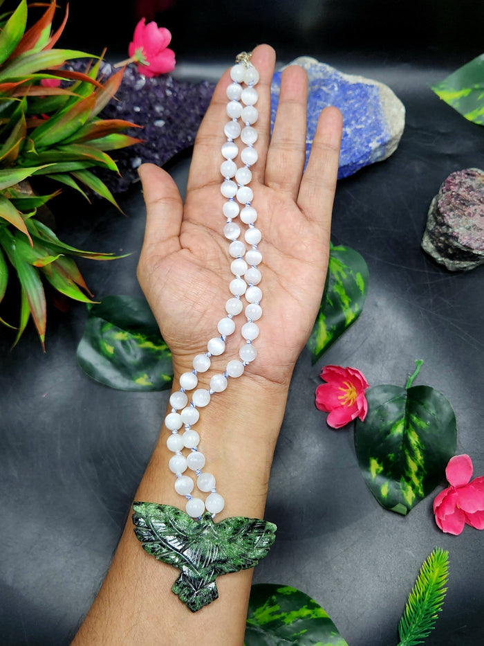 Selenite Bead Mala Necklace with Zoisite Phoenix Pendant - Embrace Renewal and Transformation - Shwasam