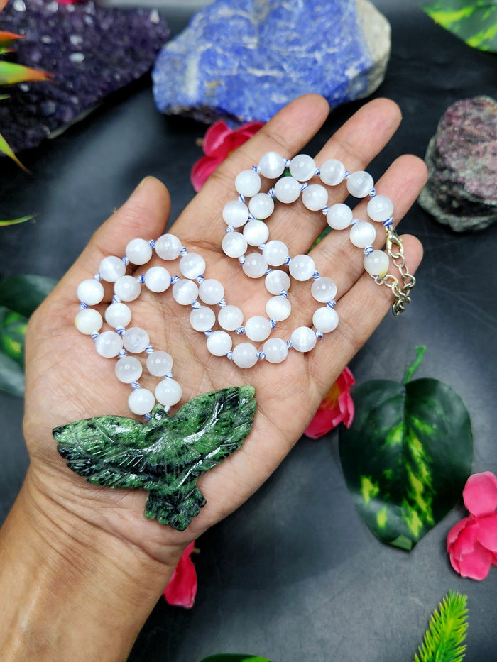 Selenite Bead Mala Necklace with Zoisite Phoenix Pendant - Embrace Renewal and Transformation - Shwasam