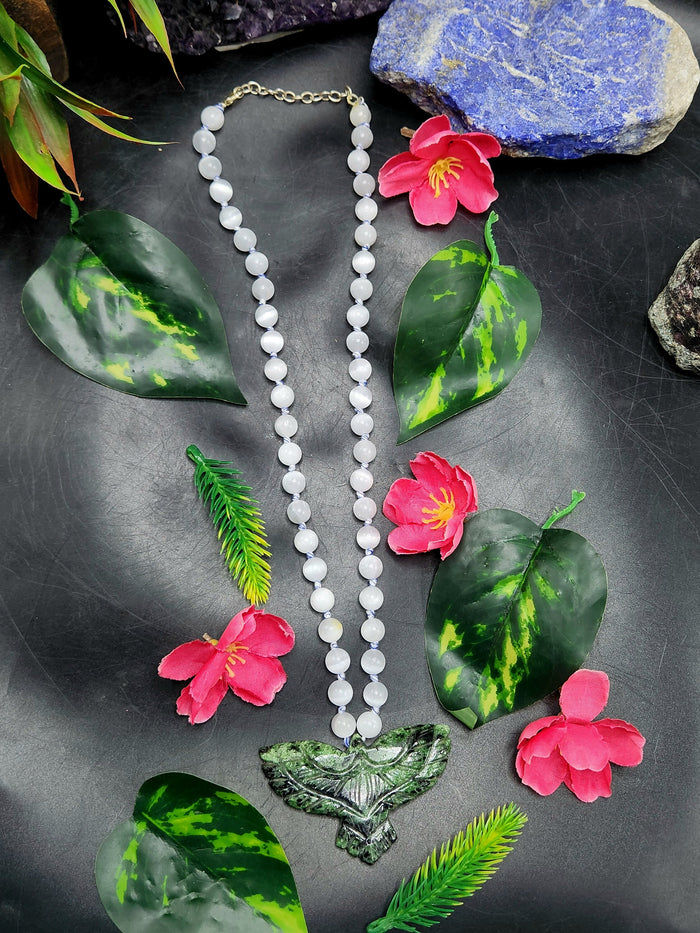 Selenite Bead Mala Necklace with Zoisite Phoenix Pendant - Embrace Renewal and Transformation - Shwasam