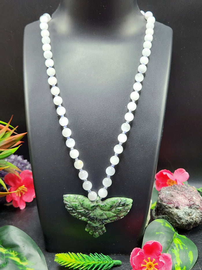 Selenite Bead Mala Necklace with Zoisite Phoenix Pendant - Embrace Renewal and Transformation - Shwasam