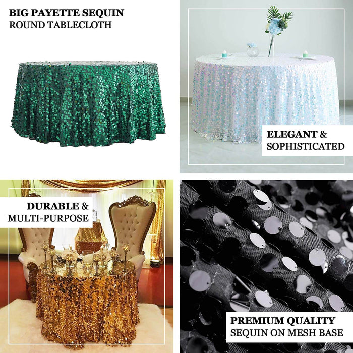 Big payette sequin round tablecloths in green, white, and black for elegant events.