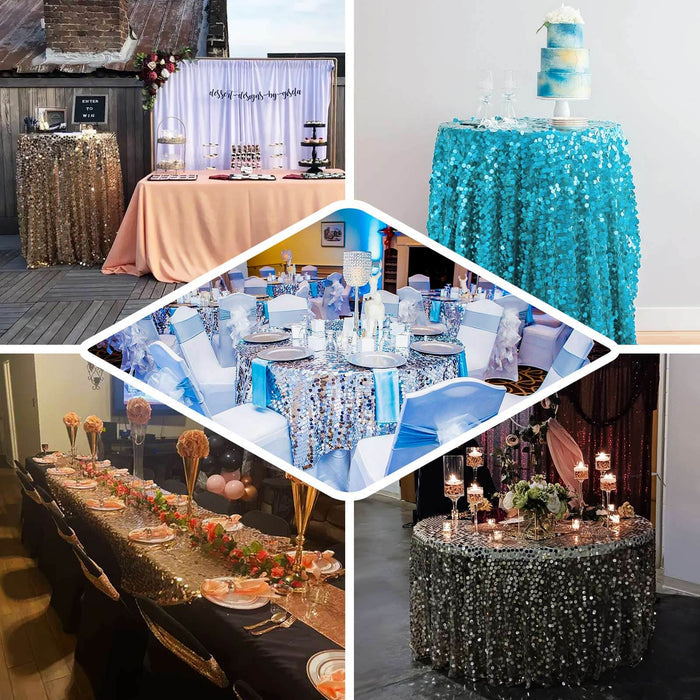 Elegant table decorations for events featuring sequined tablecloths and floral arrangements.