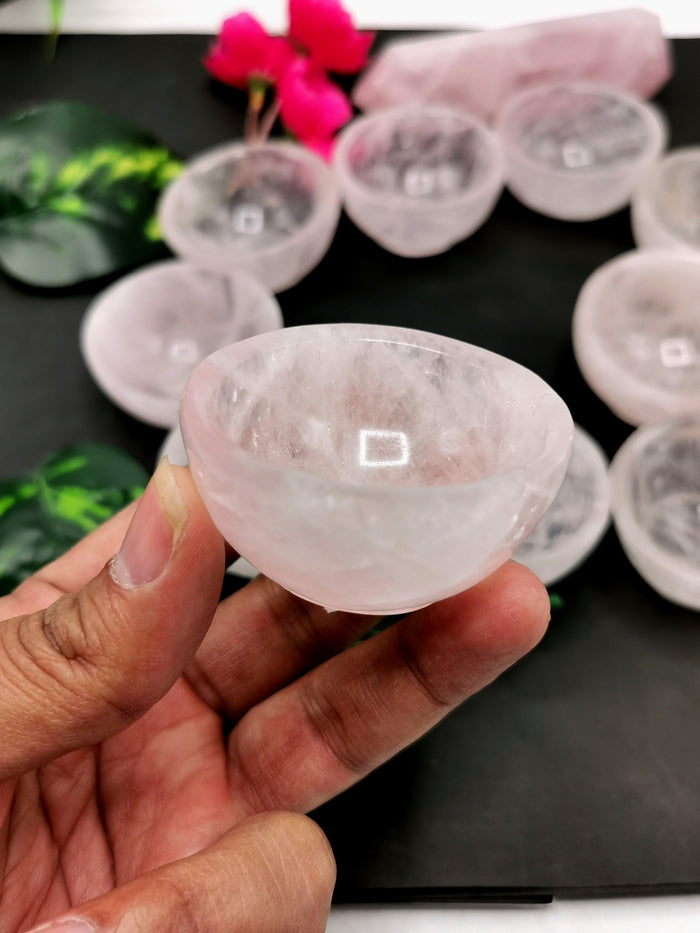 Set of 7 beautiful Rose Quartz hand carved round bowls - 2 inches diameter and total weight 400 gms (0.9 lb) - SEVEN BOWLS