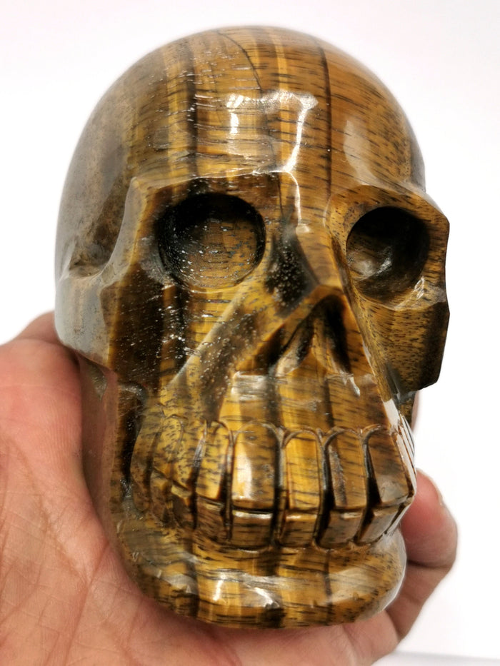 Skull in natural tiger eye stone - reiki/chakra/healing - crystal crafts - weight 434 gm (0.95 lb) and 3 inches - Shwasam