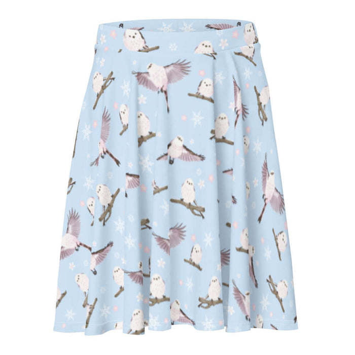 Snow Bird kawaii skater skirt in sky blue with fluffy enaga birds and snowflakes