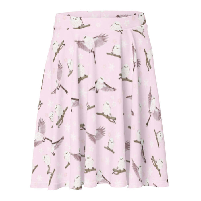 Snow Bird kawaii skater skirt in soft pastels with snow-dusted twigs and sakura petals