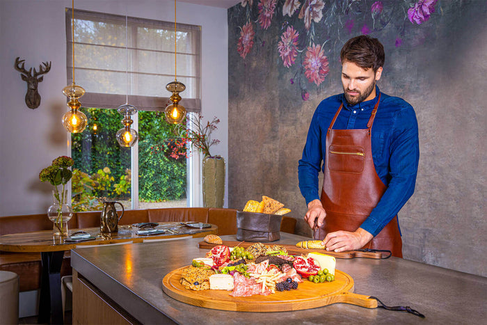 Tablier de cuisine DutchDeluxes en cuir avec poche à zip - Marron