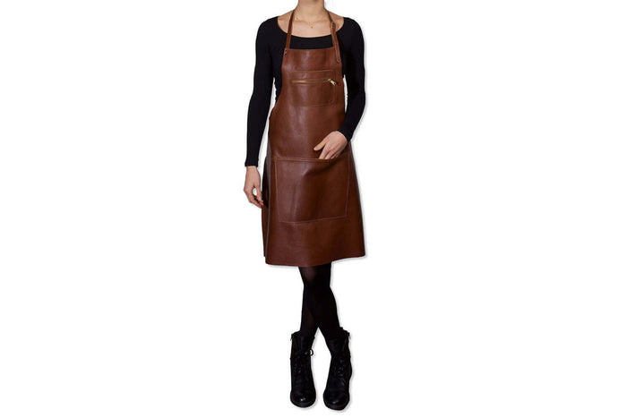 Tablier de cuisine DutchDeluxes en cuir avec poche à zip - Marron