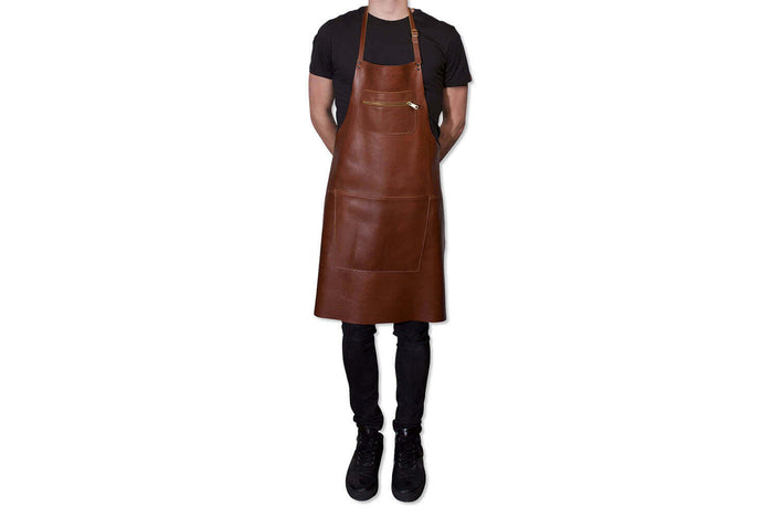Tablier de cuisine DutchDeluxes en cuir avec poche à zip - Marron
