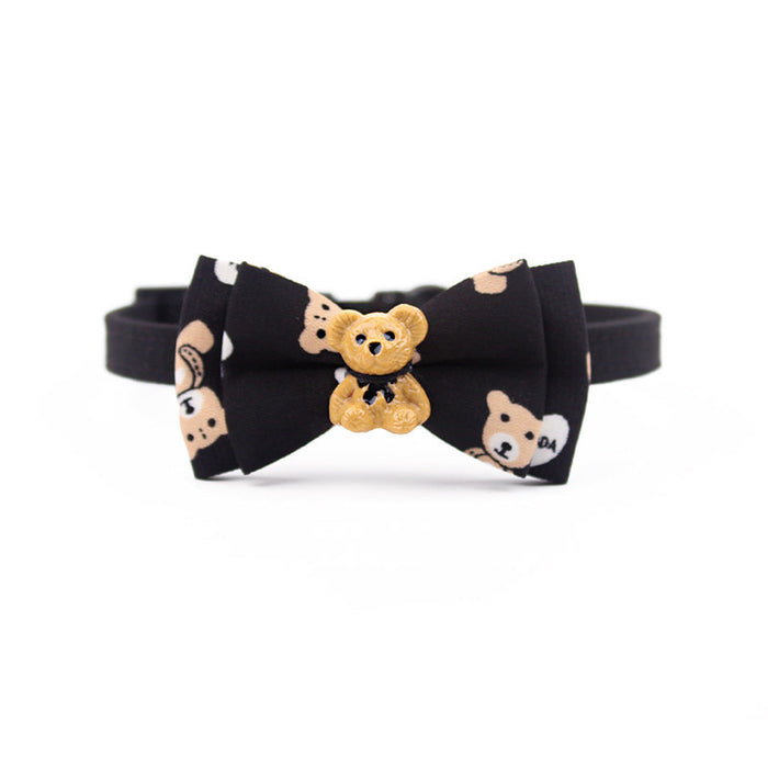 Teddy Bear Pet Collar with Charm: white, black teddy bear, cute cartoon style