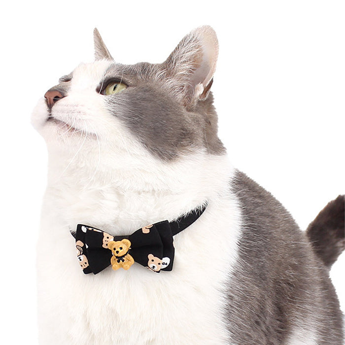 Teddy Bear Pet Collar with Charm: white, black teddy bear, cute cartoon style