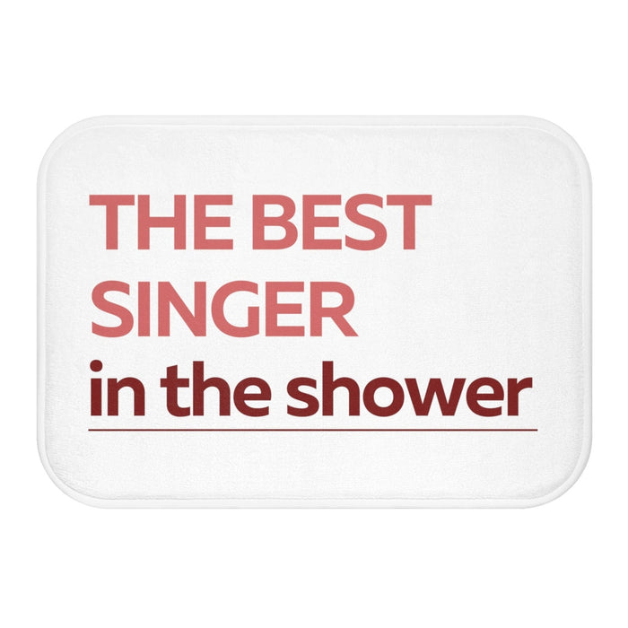 The Top Vocalist Shower Red Bath Mat: white, red rectangular mat, minimal typography style