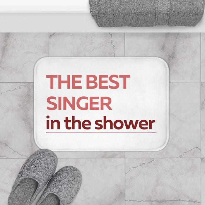 The Top Vocalist Shower Red Bath Mat: white, red rectangular mat, minimal typography style