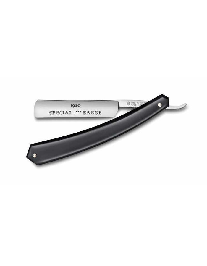 Straight razor with black handle, round point, 4/8 inch blade, engraved '1920 Special 1ère Barbe', on a white background.