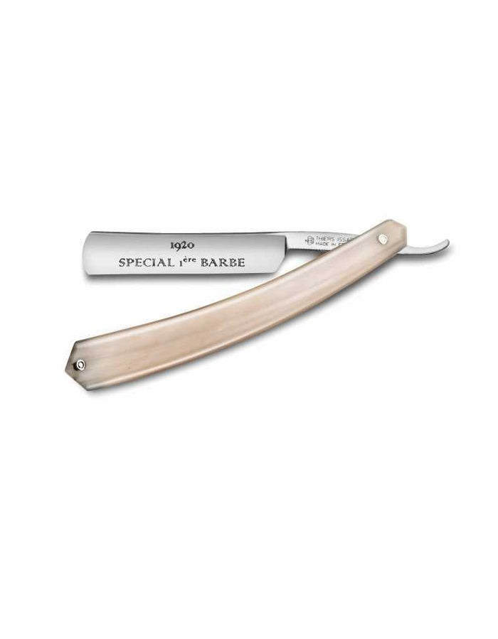 Thiers Issard 1920 Special Premiere Barbe straight razor with round point, 4/8 inch carbon steel blade, satin finish, in a cream-colored handle, shaving grooming tool